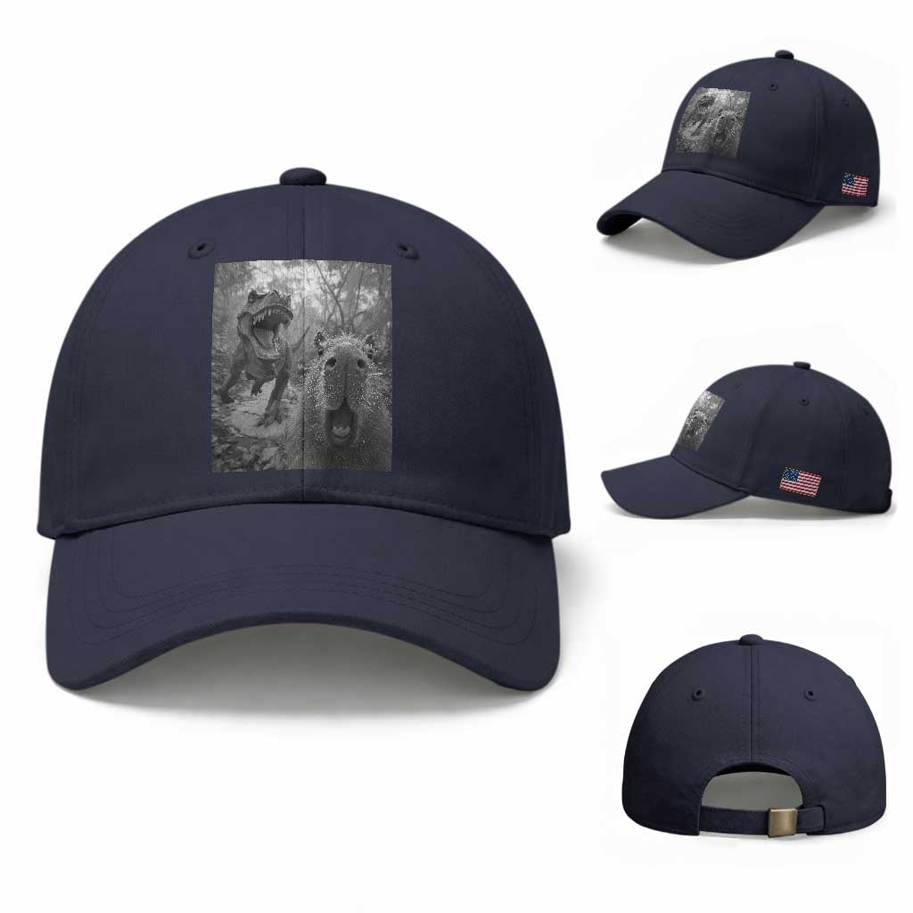 Funny Capybara Selfie With Dinosaur Meme Baseball Cap Animal Humor Gift TS12 Baseball Cap Universal Fit Navy Print Your Wear