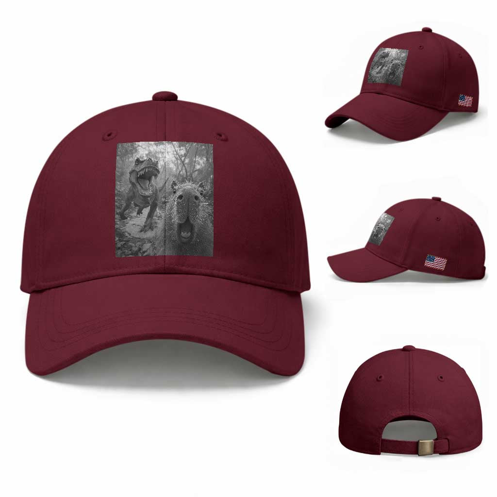 Funny Capybara Selfie With Dinosaur Meme Baseball Cap Animal Humor Gift TS12 Baseball Cap Universal Fit Maroon Print Your Wear
