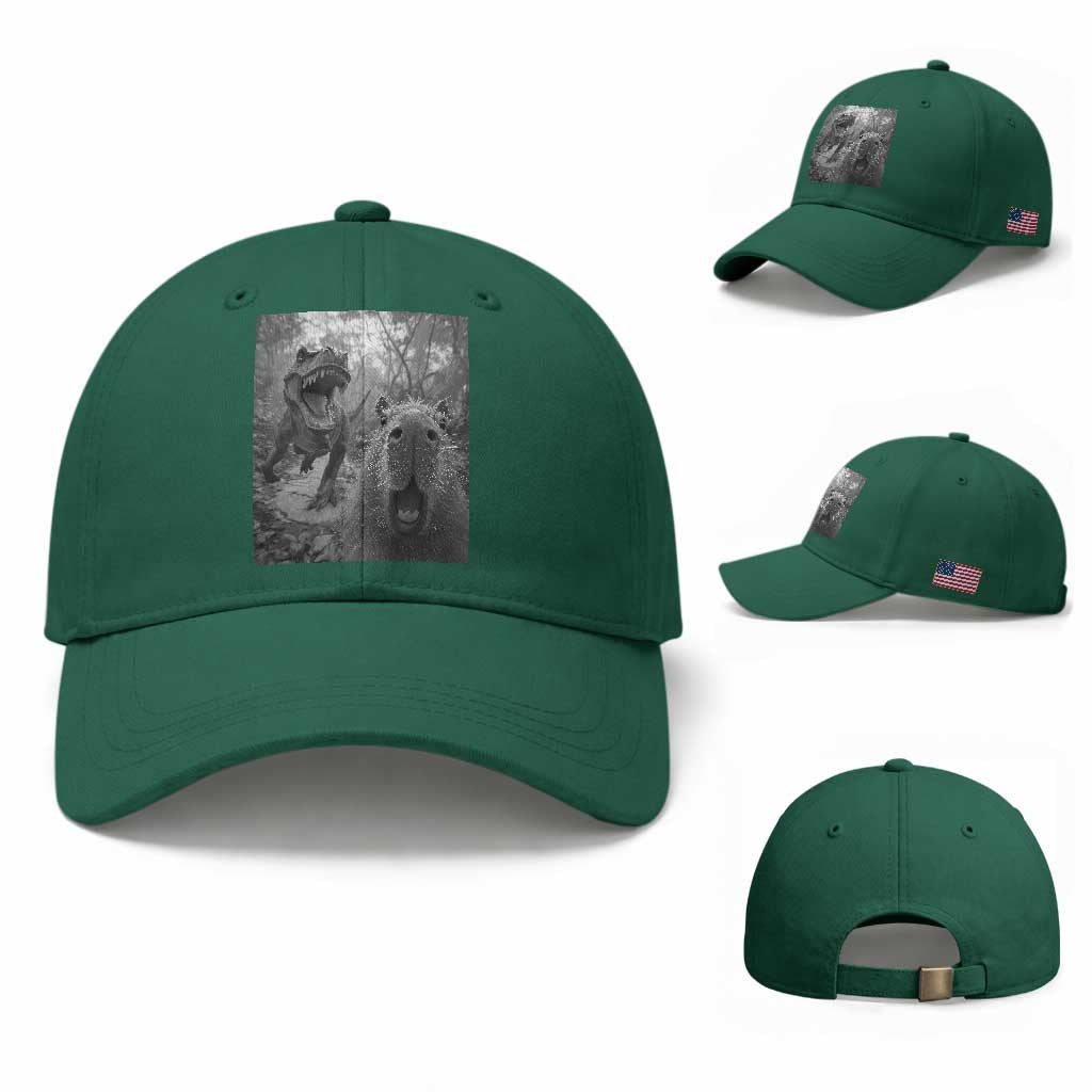 Funny Capybara Selfie With Dinosaur Meme Baseball Cap Animal Humor Gift TS12 Baseball Cap Universal Fit Irish Green Print Your Wear