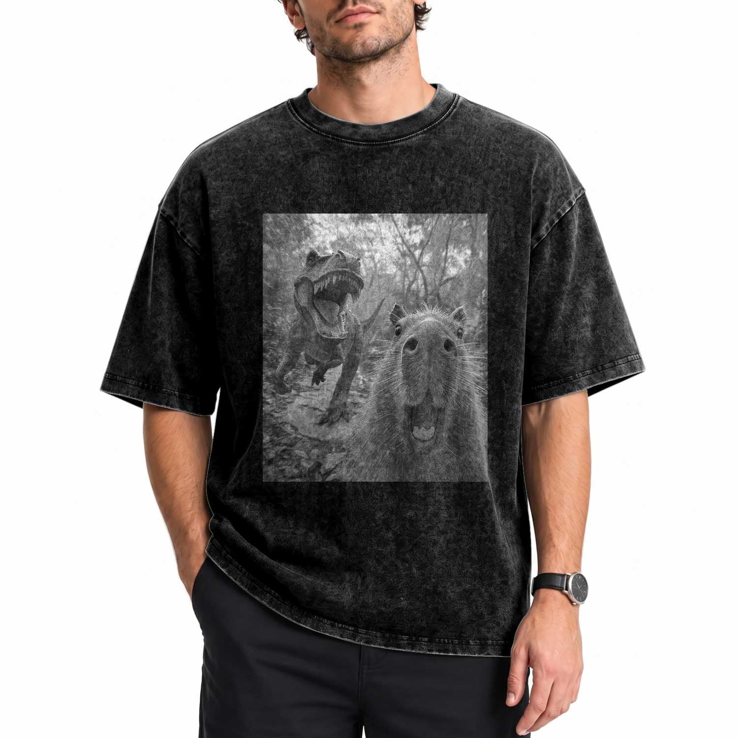 Funny Capybara Selfie With Dinosaur Meme Washed Cotton T-Shirt Animal Humor Gift