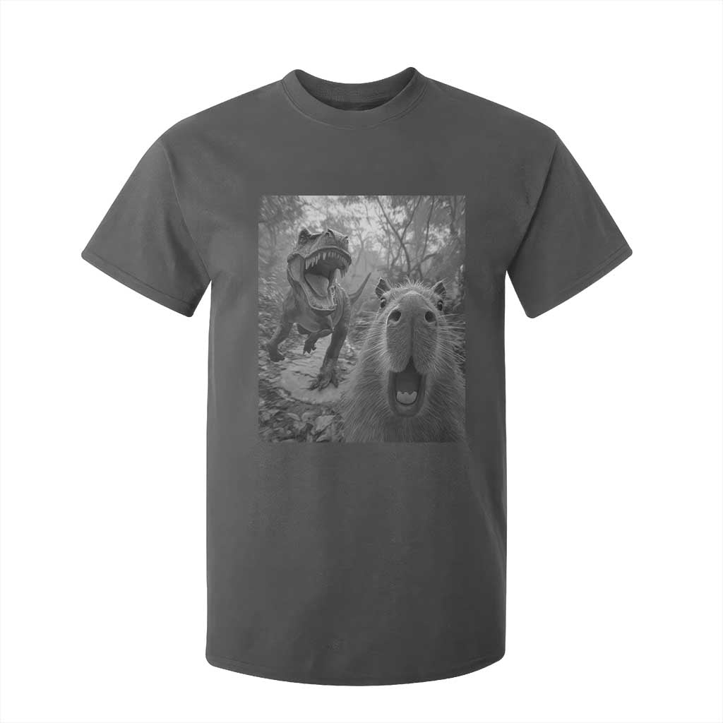 Funny Capybara Selfie With Dinosaur Meme T Shirt For Kid Animal Humor Gift TS12 Dark Heather Print Your Wear