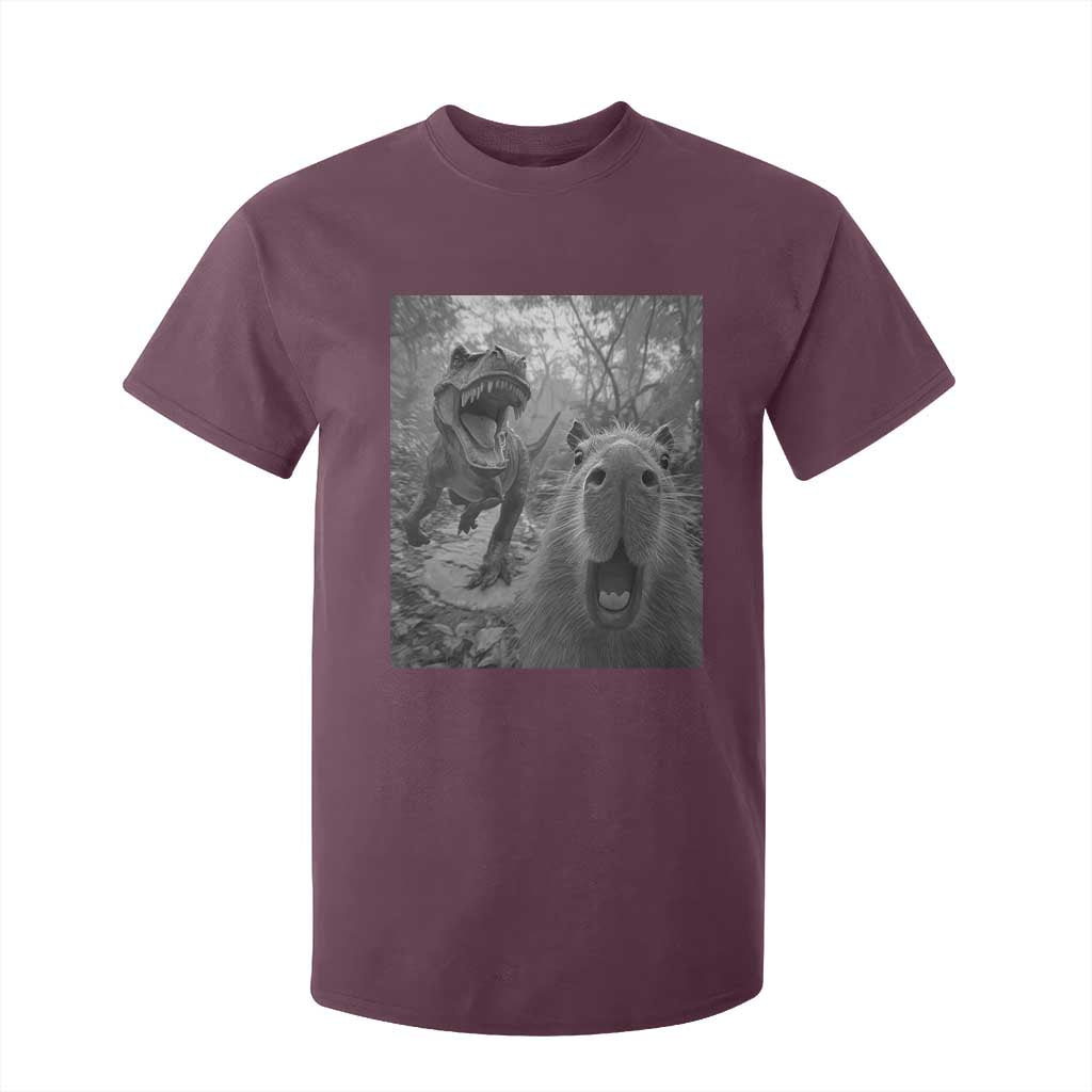 Funny Capybara Selfie With Dinosaur Meme T Shirt For Kid Animal Humor Gift TS12 Maroon Print Your Wear