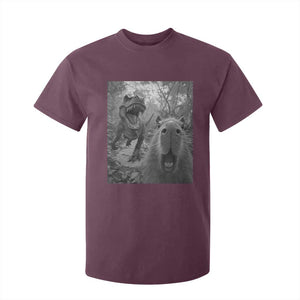 Funny Capybara Selfie With Dinosaur Meme T Shirt For Kid Animal Humor Gift TS12 Maroon Print Your Wear
