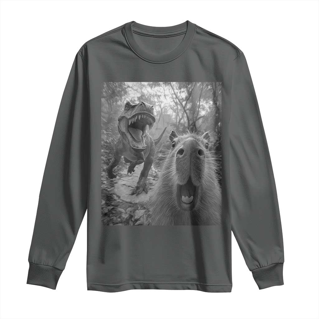 Funny Capybara Selfie With Dinosaur Meme Long Sleeve Shirt Animal Humor Gift TS12 Dark Heather Print Your Wear