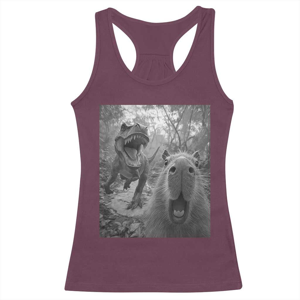 Funny Capybara Selfie With Dinosaur Meme Racerback Tank Top Animal Humor Gift TS12 Maroon Print Your Wear