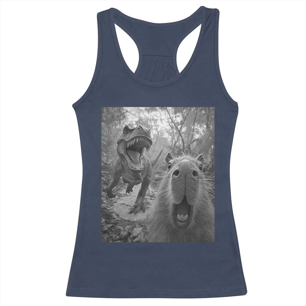 Funny Capybara Selfie With Dinosaur Meme Racerback Tank Top Animal Humor Gift TS12 Navy Print Your Wear