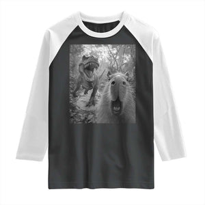 Funny Capybara Selfie With Dinosaur Meme Raglan Shirt Animal Humor Gift TS12 Black White Print Your Wear