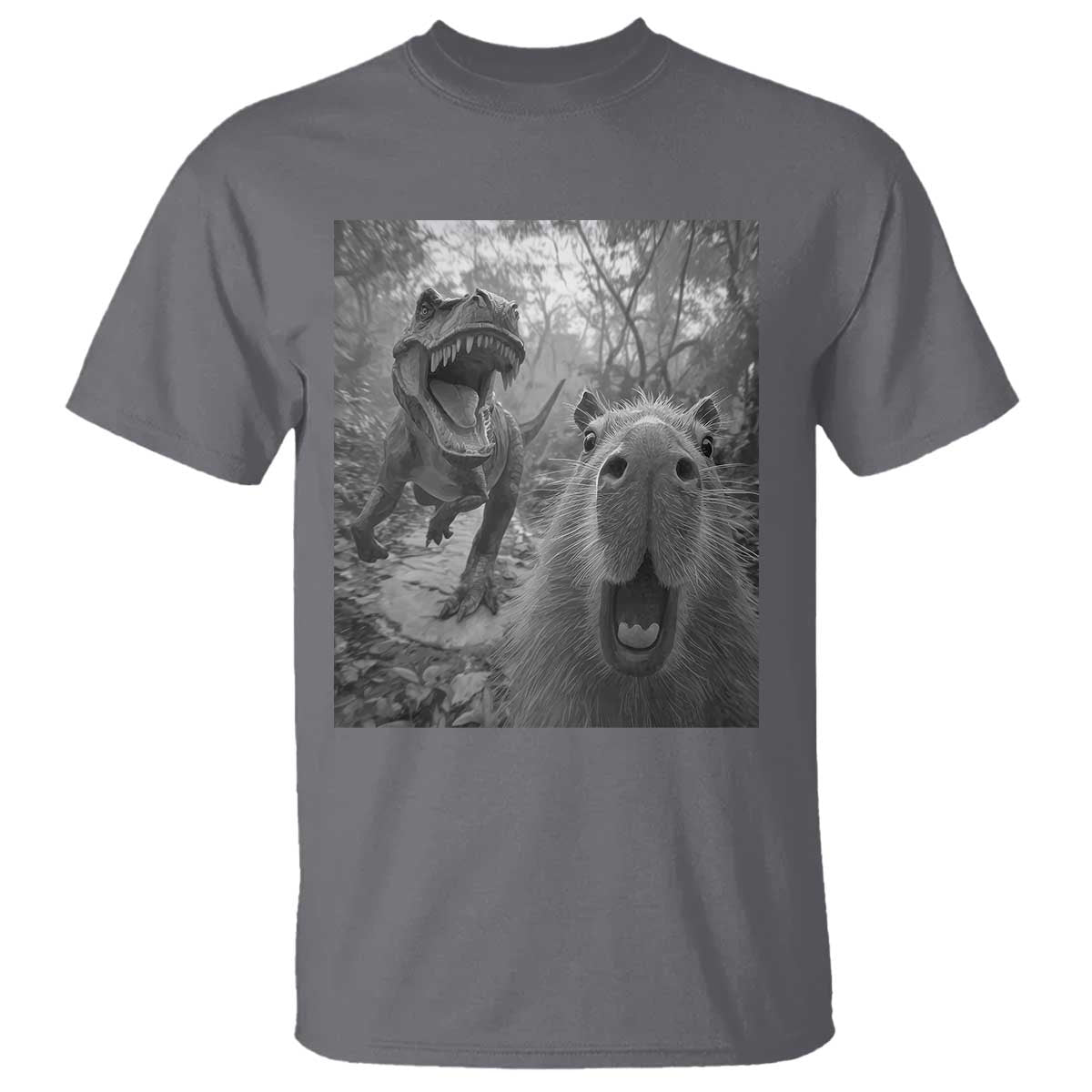 Funny Capybara Selfie With Dinosaur Meme T Shirt Animal Humor Gift TS12 Charcoal Print Your Wear