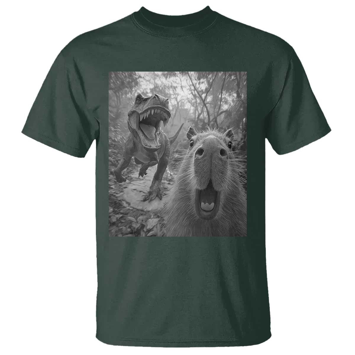 Funny Capybara Selfie With Dinosaur Meme T Shirt Animal Humor Gift TS12 Dark Forest Green Print Your Wear