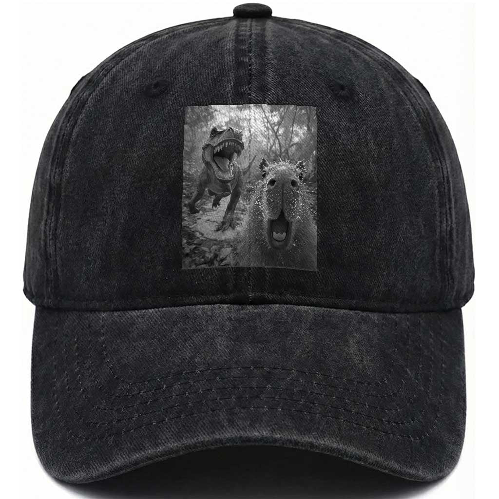 Funny Capybara Selfie With Dinosaur Meme Washed Cotton Baseball Cap Animal Humor Gift TS12 Print Your Wear