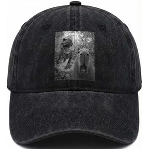 Funny Capybara Selfie With Dinosaur Meme Washed Cotton Baseball Cap Animal Humor Gift TS12 Print Your Wear