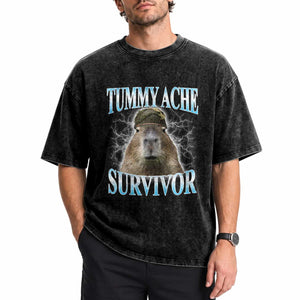 Tummy Ache Survivor Washed Cotton T-Shirt Funny Capybara Meme For Animal Lover