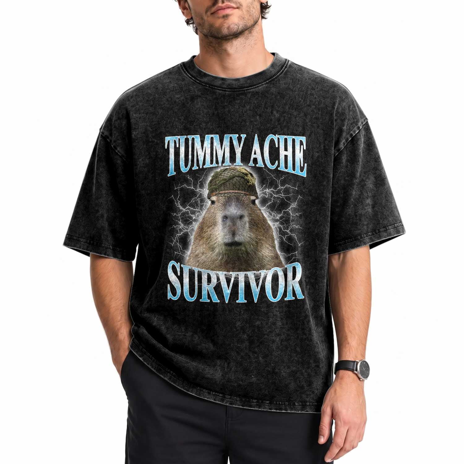 Tummy Ache Survivor Washed Cotton T-Shirt Funny Capybara Meme For Animal Lover