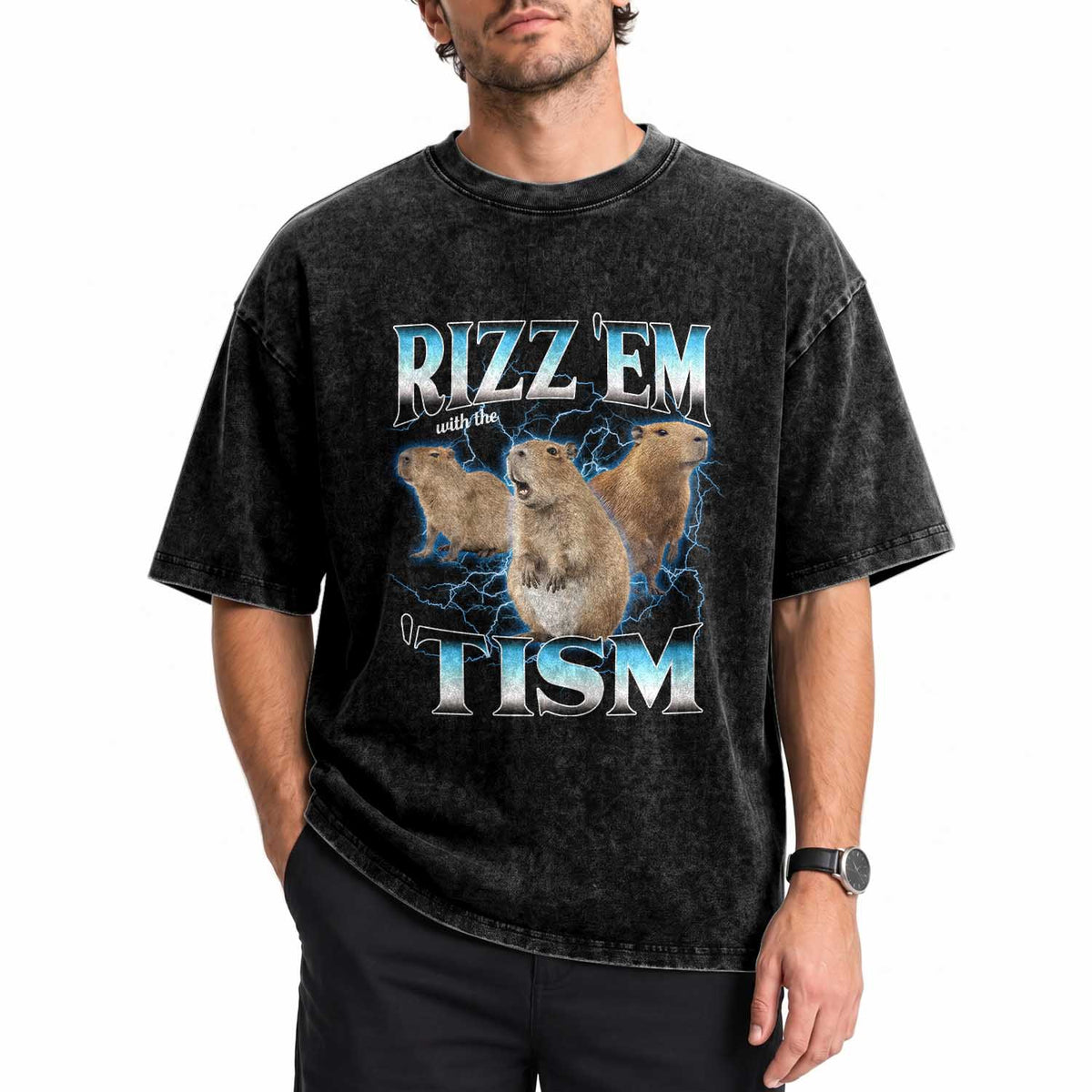 Autism Capybara Washed Cotton T-Shirt Funny Rizz Em With The Tism