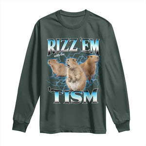 Autism Capybara Long Sleeve Shirt Funny Rizz Em With The Tism TS12 Dark Forest Green Print Your Wear