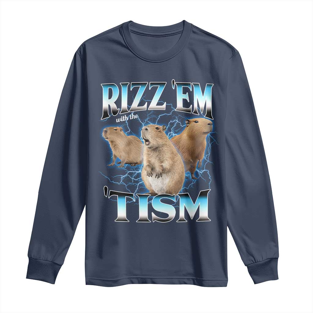 Autism Capybara Long Sleeve Shirt Funny Rizz Em With The Tism TS12 Navy Print Your Wear
