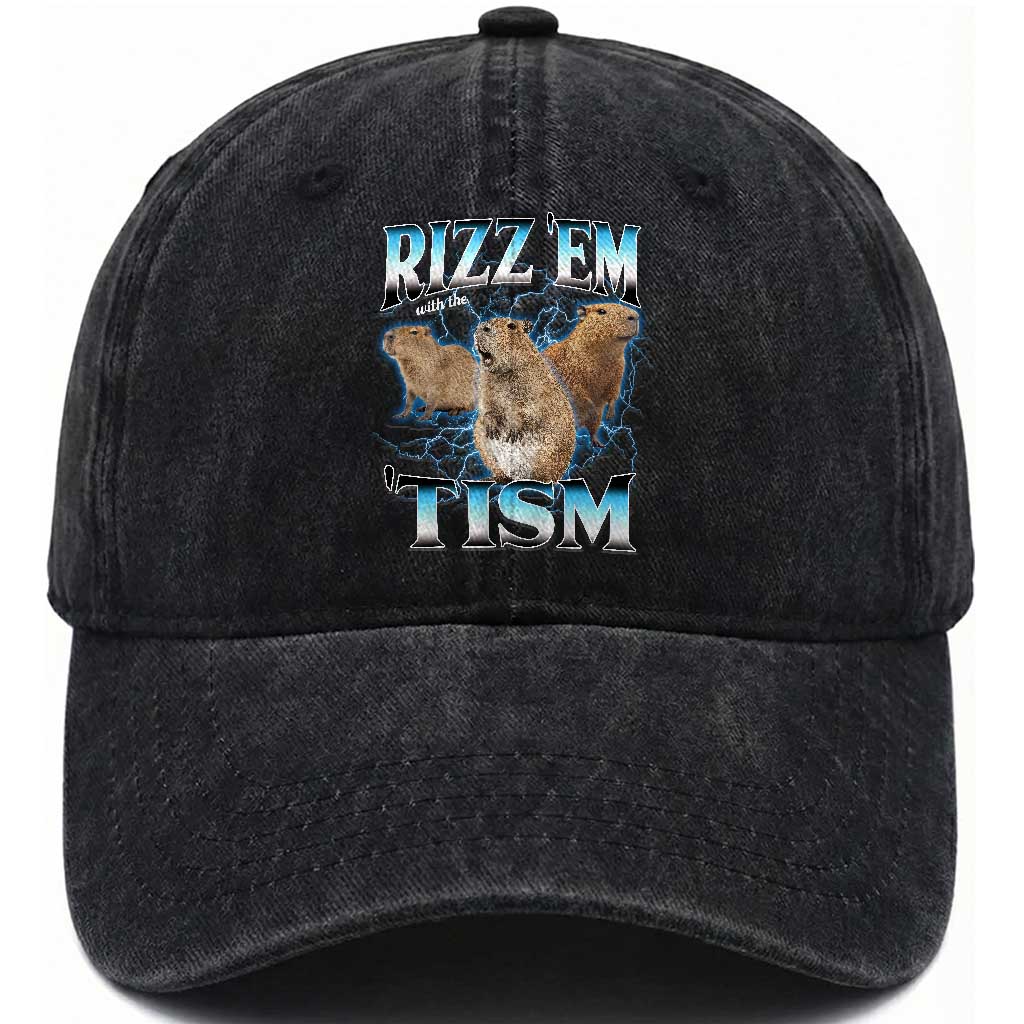 Autism Capybara Washed Cotton Baseball Cap Funny Rizz Em With The Tism TS12 Print Your Wear