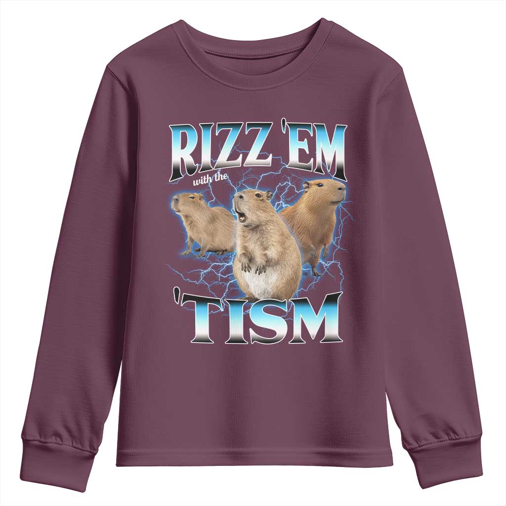 Autism Capybara Youth Sweatshirt Funny Rizz Em With The Tism TS12 Maroon Print Your Wear