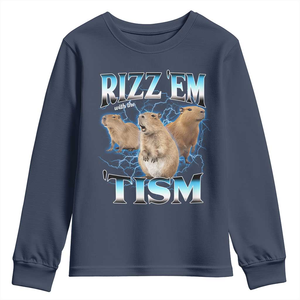 Autism Capybara Youth Sweatshirt Funny Rizz Em With The Tism TS12 Navy Print Your Wear