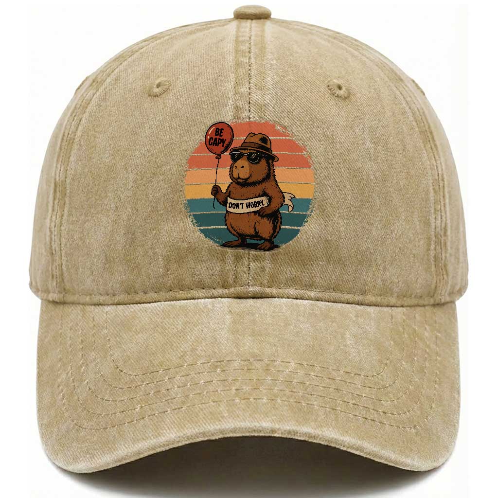 Funny Capybara Washed Cotton Baseball Cap Be Capy Do Not Worry For Animal Lovers TS12 Print Your Wear