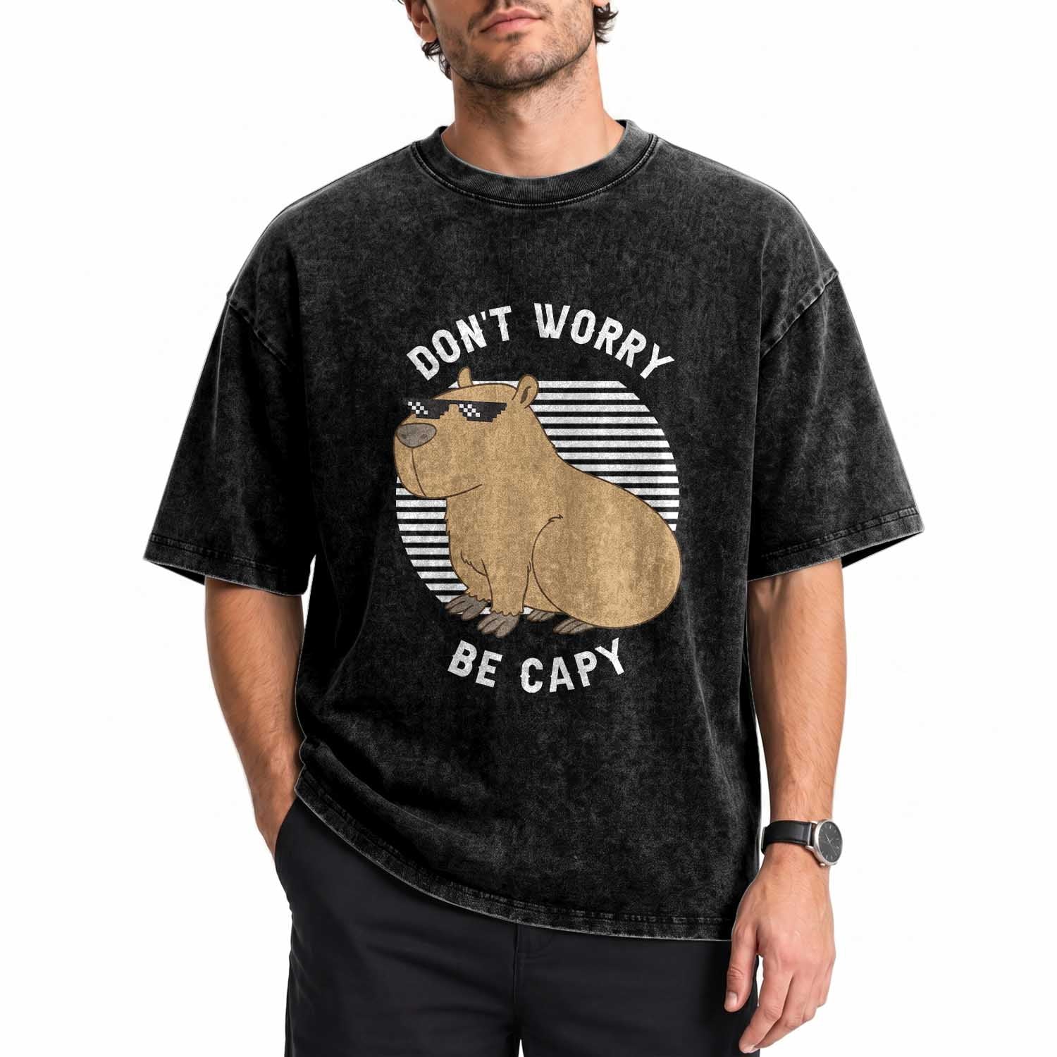 Funny Capybara Washed Cotton T-Shirt Do Not Worry Be Capy Chill Animal Lover Gift