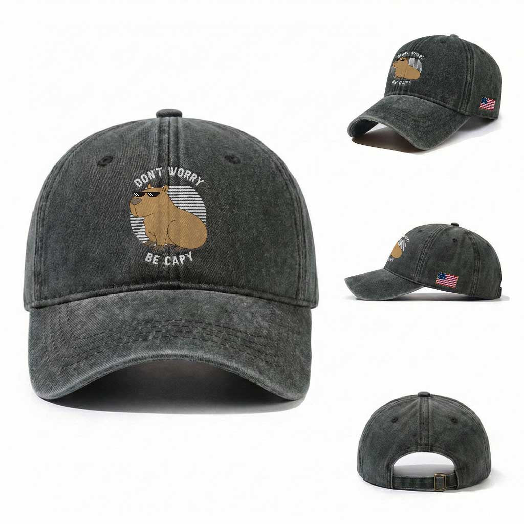 Funny Capybara Washed Cotton Baseball Cap Do Not Worry Be Capy Chill Animal Lover Gift TS12 Washed Cap Universal Fit Dark Green Print Your Wear