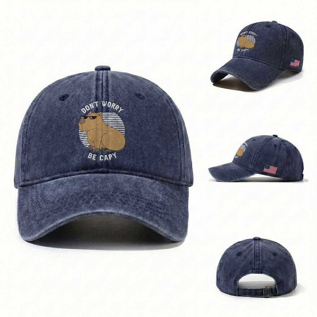 Funny Capybara Washed Cotton Baseball Cap Do Not Worry Be Capy Chill Animal Lover Gift TS12 Washed Cap Universal Fit Navy Print Your Wear