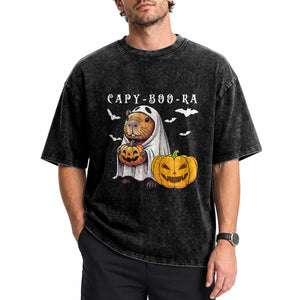 Funny Halloween Capy Boo Ra Washed Cotton T-Shirt Cute Capybara Boo Ghost