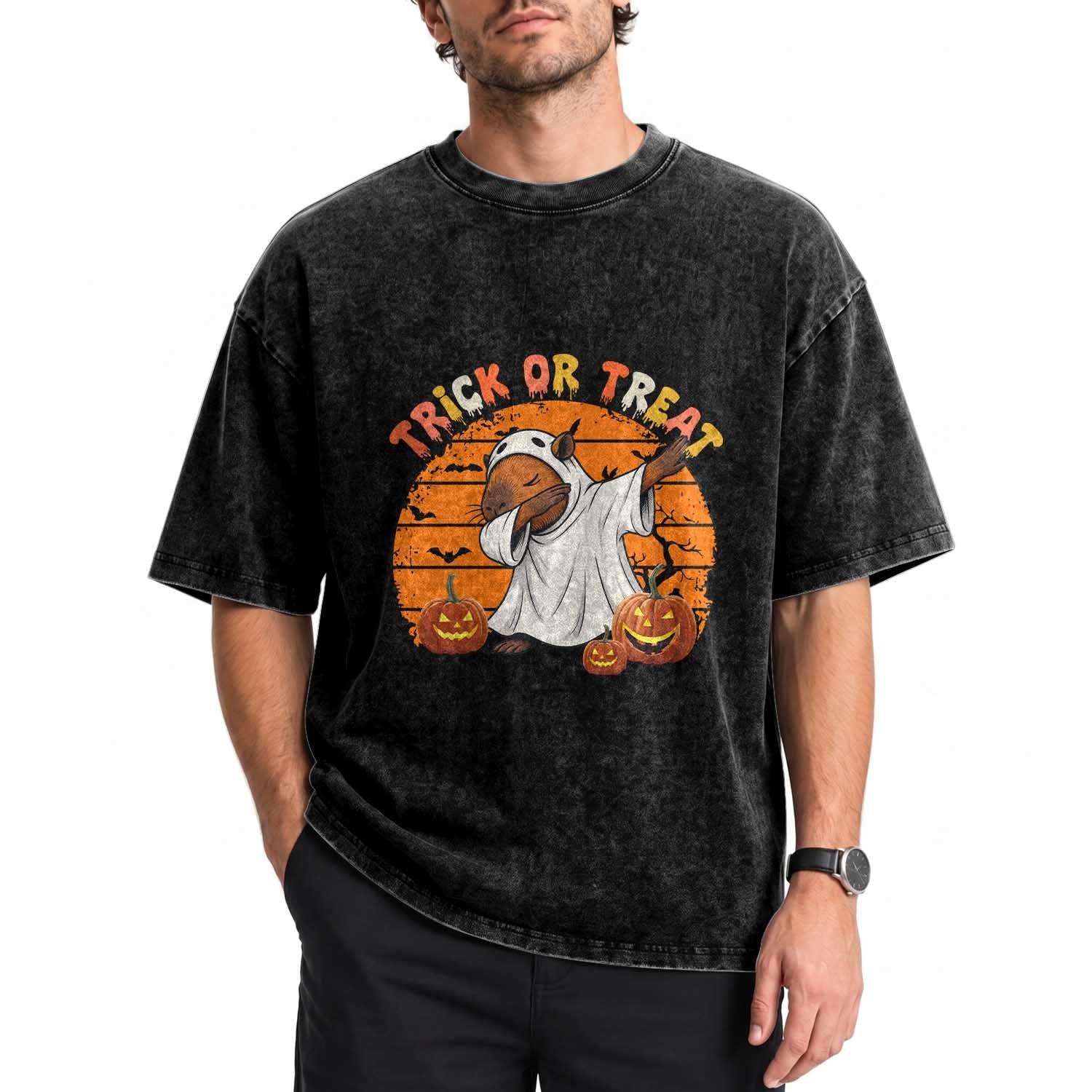 Funny Capybara Halloween Washed Cotton T-Shirt Trick Or Treat Cute Cappy Boo Ghost