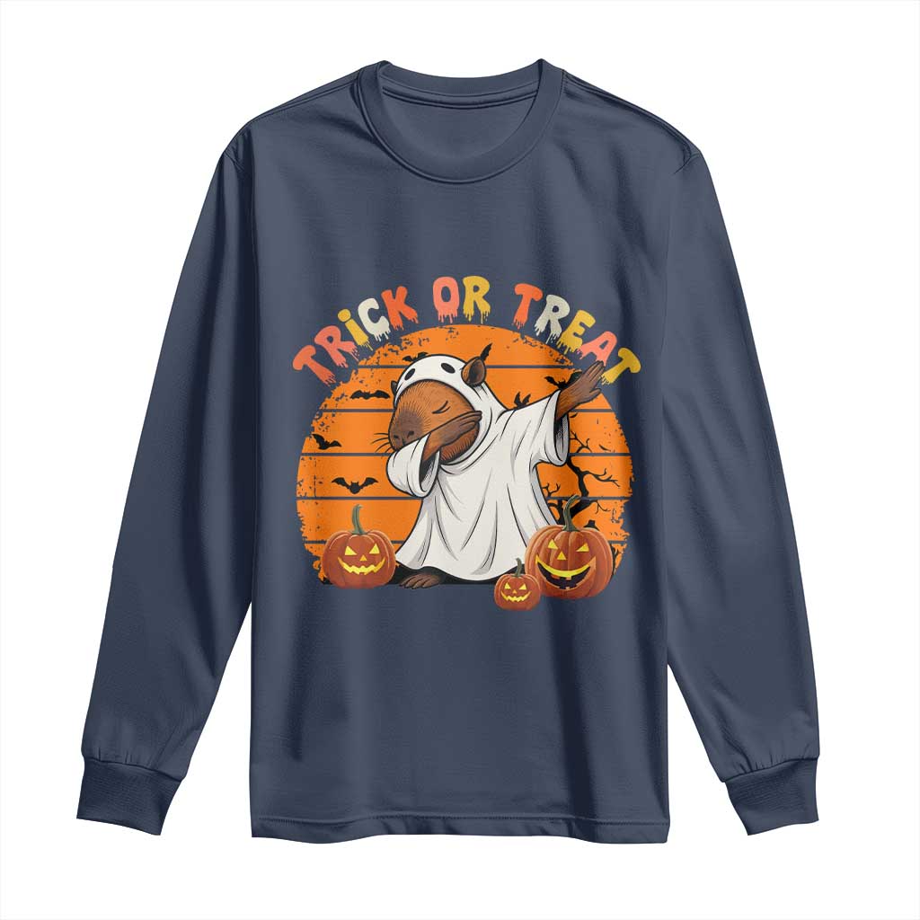 Funny Capybara Halloween Long Sleeve Shirt Trick Or Treat Cute Cappy Boo Ghost TS12 Navy Print Your Wear