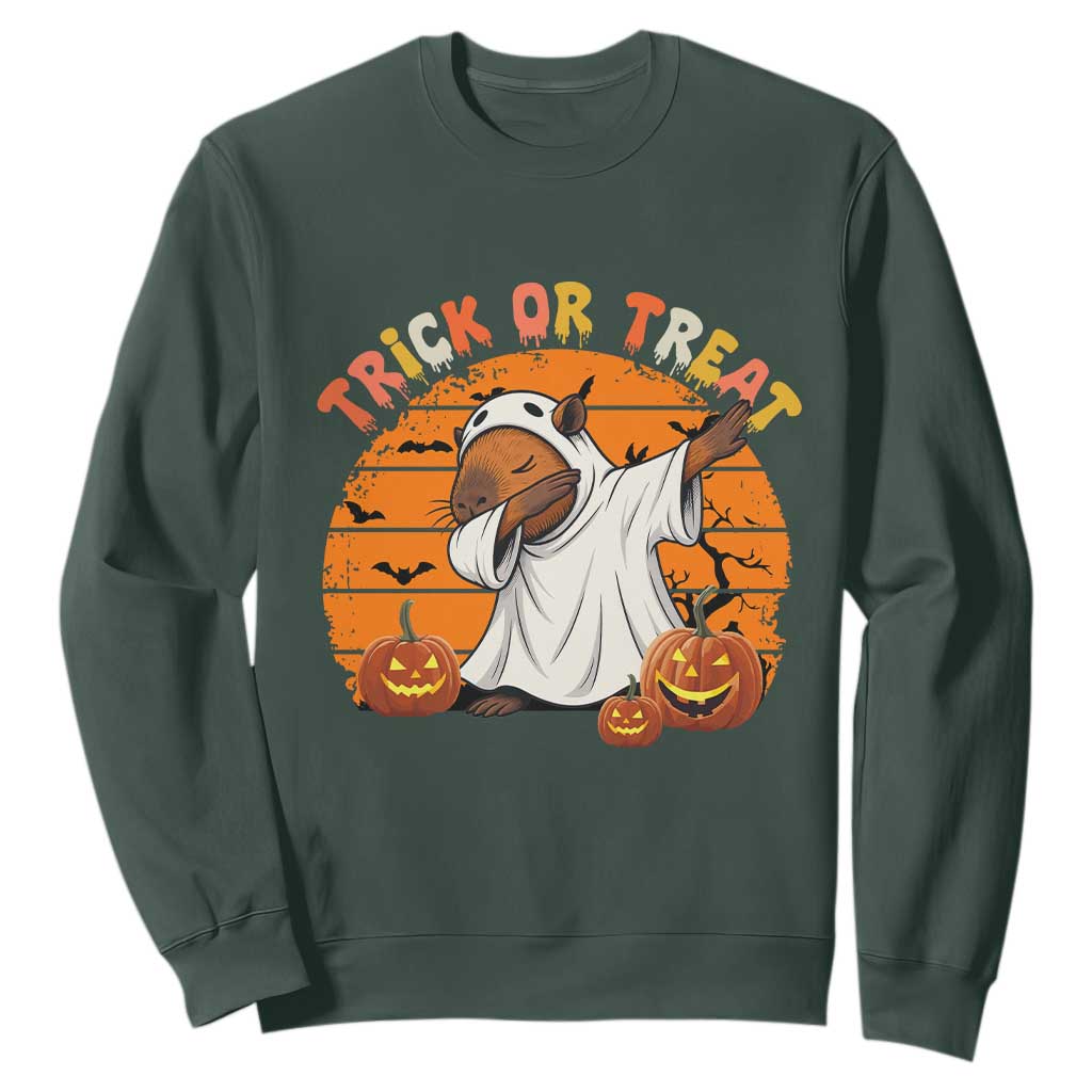 Funny Capybara Halloween Sweatshirt Trick Or Treat Cute Cappy Boo Ghost TS12 Dark Forest Green Print Your Wear