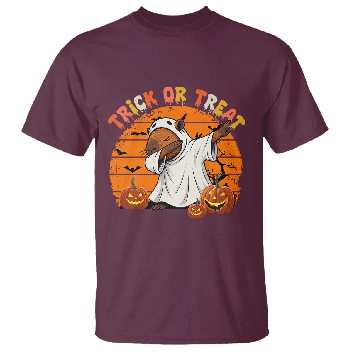 Funny Capybara Halloween T Shirt Trick Or Treat Cute Cappy Boo Ghost TS12 Maroon Print Your Wear