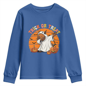 Funny Capybara Halloween Youth Sweatshirt Trick Or Treat Cute Cappy Boo Ghost TS12 Royal Blue Print Your Wear