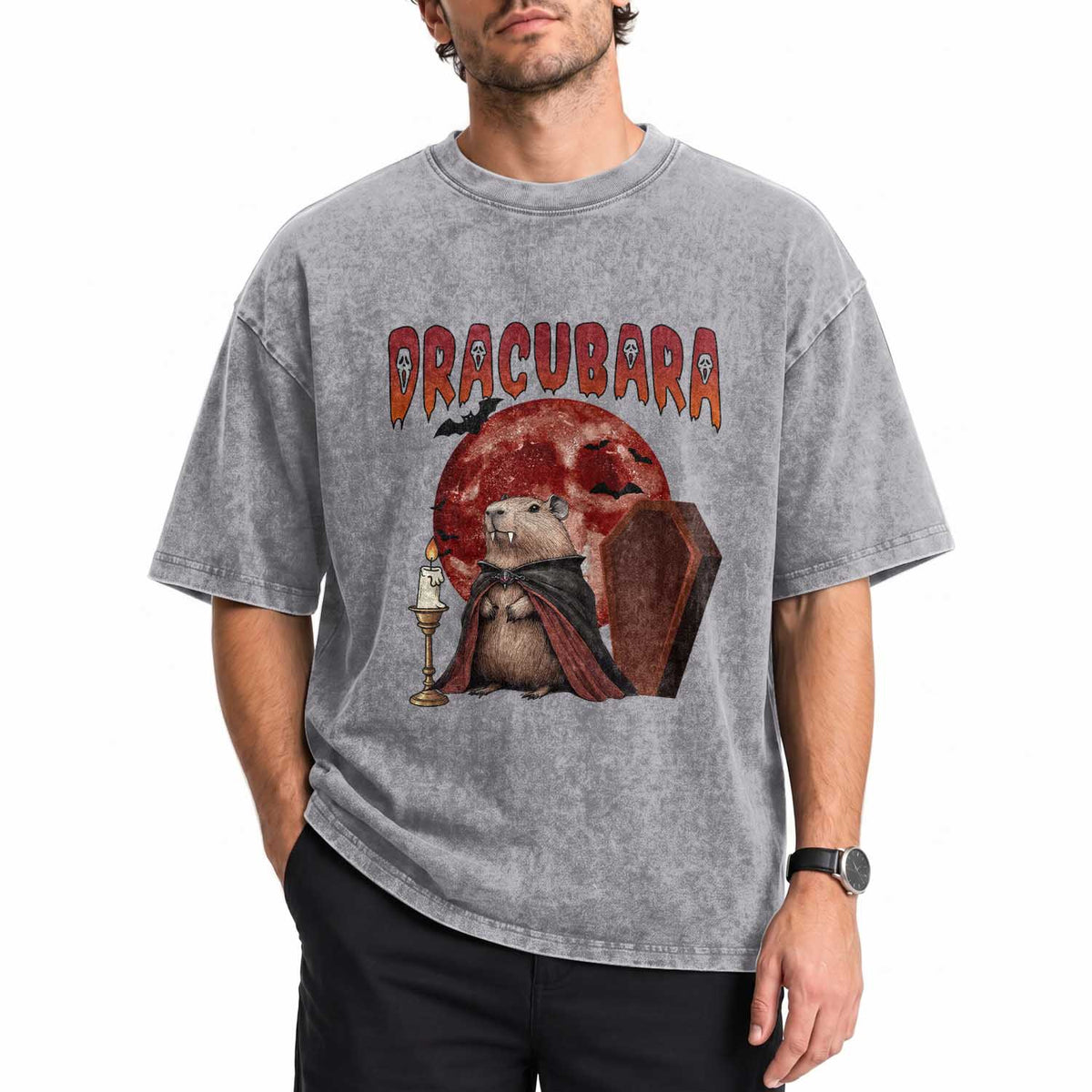 Halloween Capybara Washed Cotton T-Shirt Funny Dracubara In Dracula Outfit