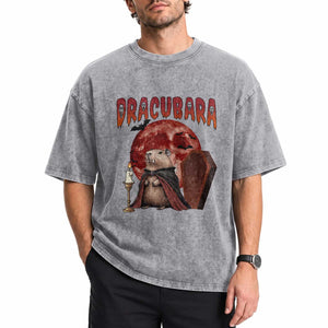 Halloween Capybara Washed Cotton T-Shirt Funny Dracubara In Dracula Outfit
