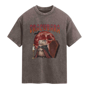 Halloween Capybara Washed Cotton T-Shirt Funny Dracubara In Dracula Outfit