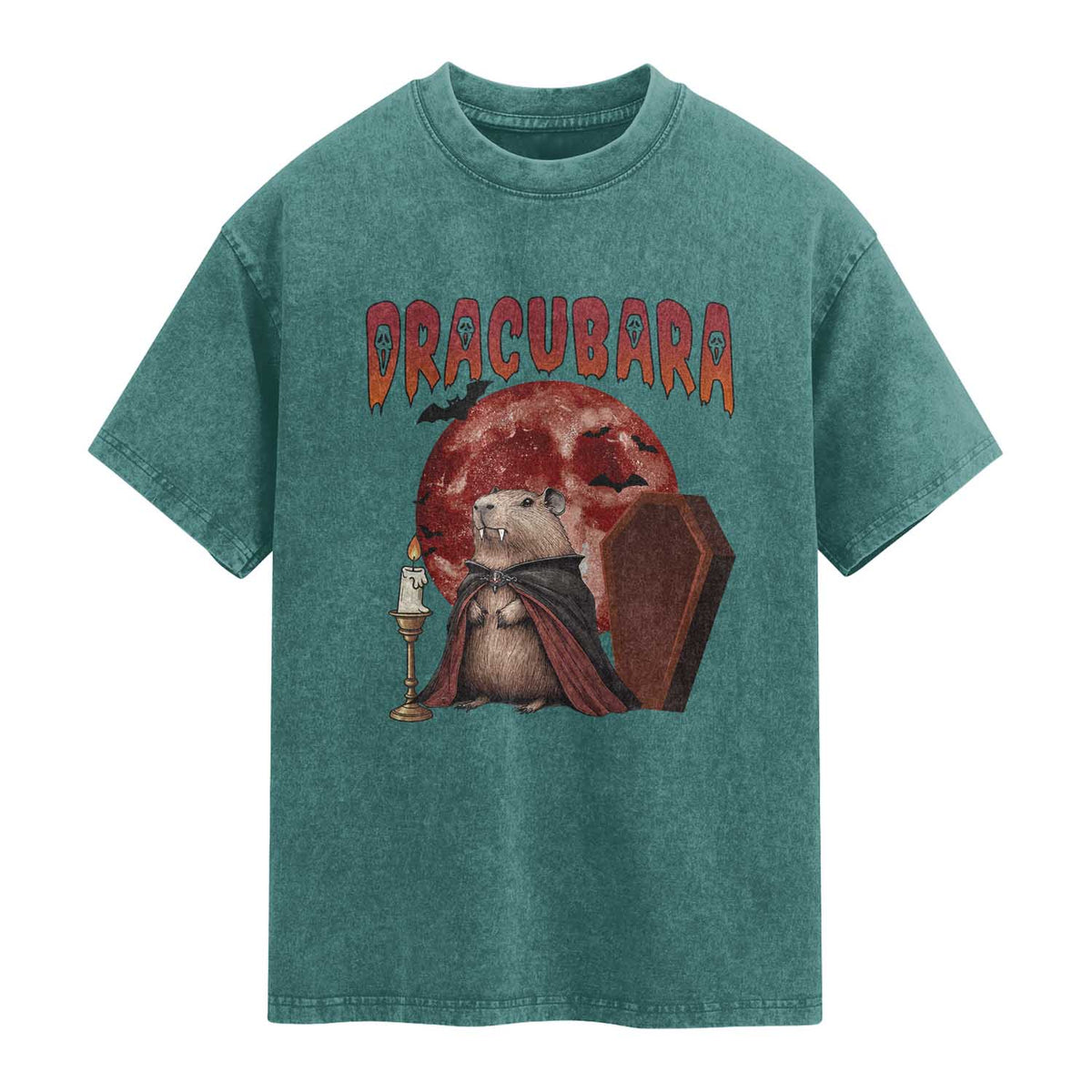 Halloween Capybara Washed Cotton T-Shirt Funny Dracubara In Dracula Outfit