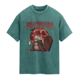 Halloween Capybara Washed Cotton T-Shirt Funny Dracubara In Dracula Outfit