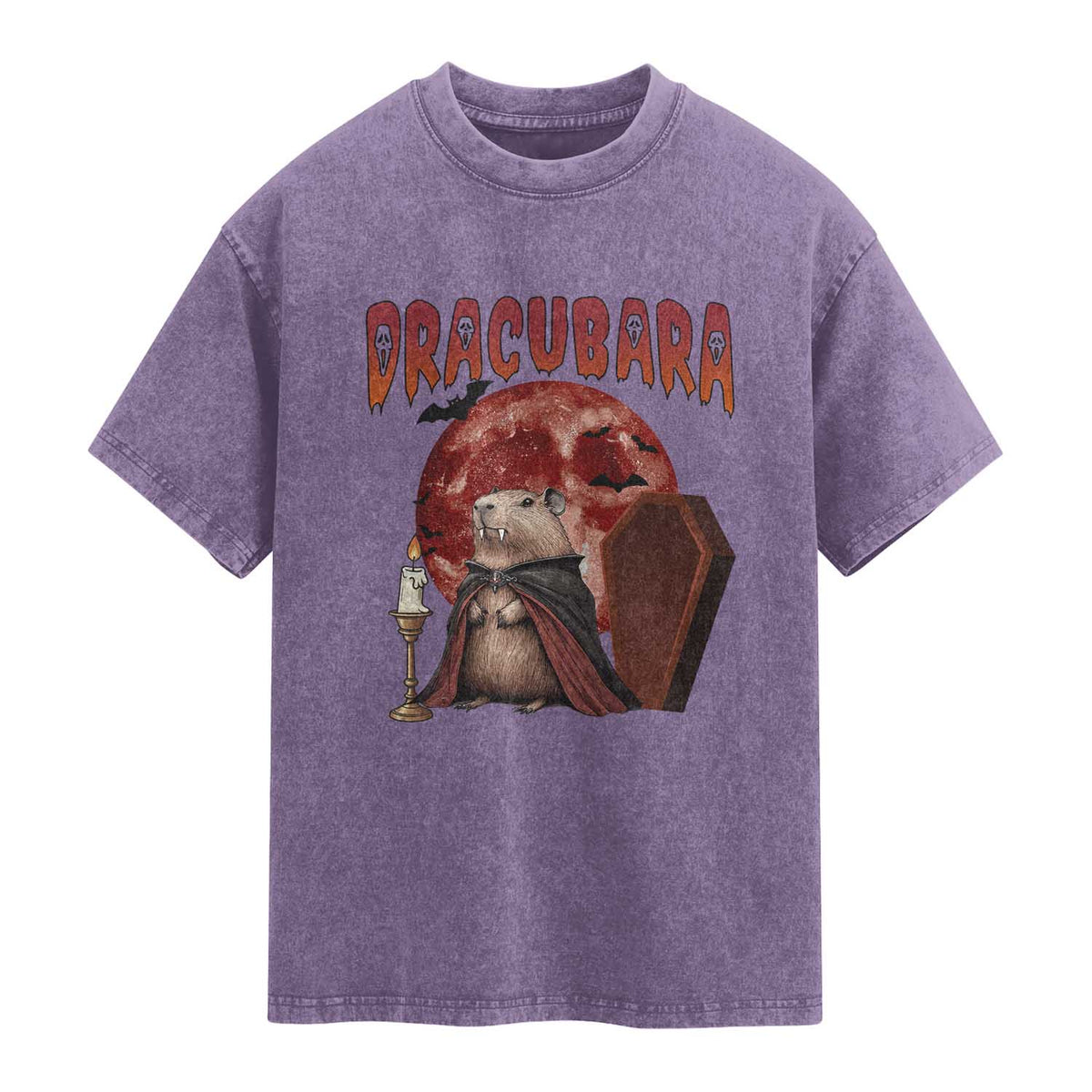 Halloween Capybara Washed Cotton T-Shirt Funny Dracubara In Dracula Outfit