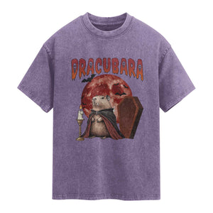 Halloween Capybara Washed Cotton T-Shirt Funny Dracubara In Dracula Outfit