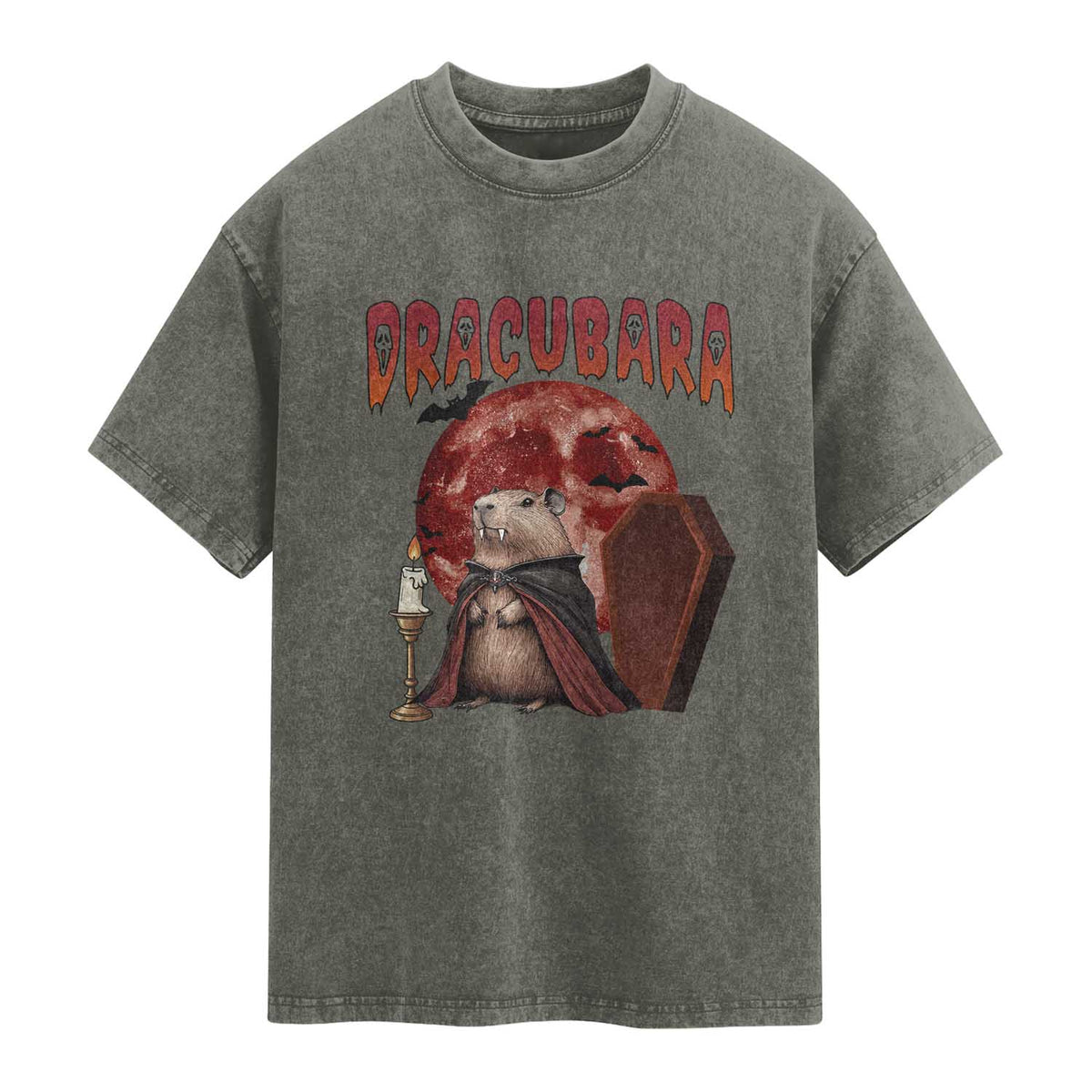 Halloween Capybara Washed Cotton T-Shirt Funny Dracubara In Dracula Outfit
