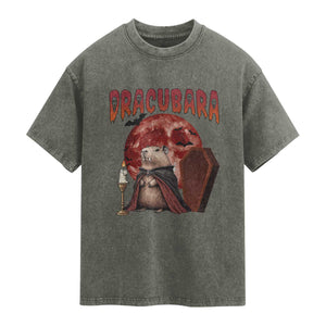 Halloween Capybara Washed Cotton T-Shirt Funny Dracubara In Dracula Outfit