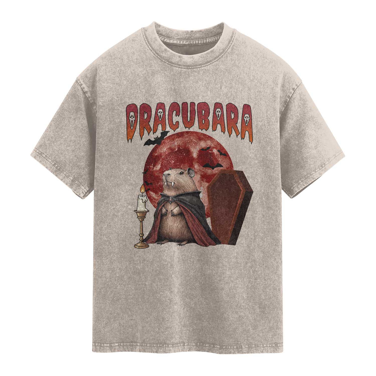 Halloween Capybara Washed Cotton T-Shirt Funny Dracubara In Dracula Outfit