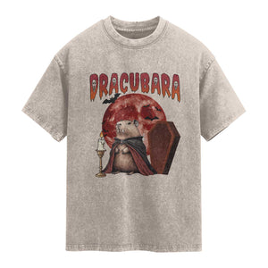 Halloween Capybara Washed Cotton T-Shirt Funny Dracubara In Dracula Outfit