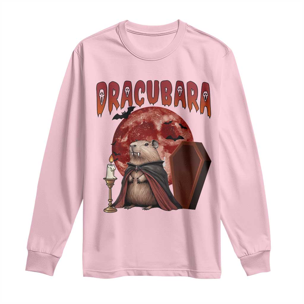 Halloween Capybara Long Sleeve Shirt Funny Dracubara In Dracula Outfit TS12 Light Pink Print Your Wear