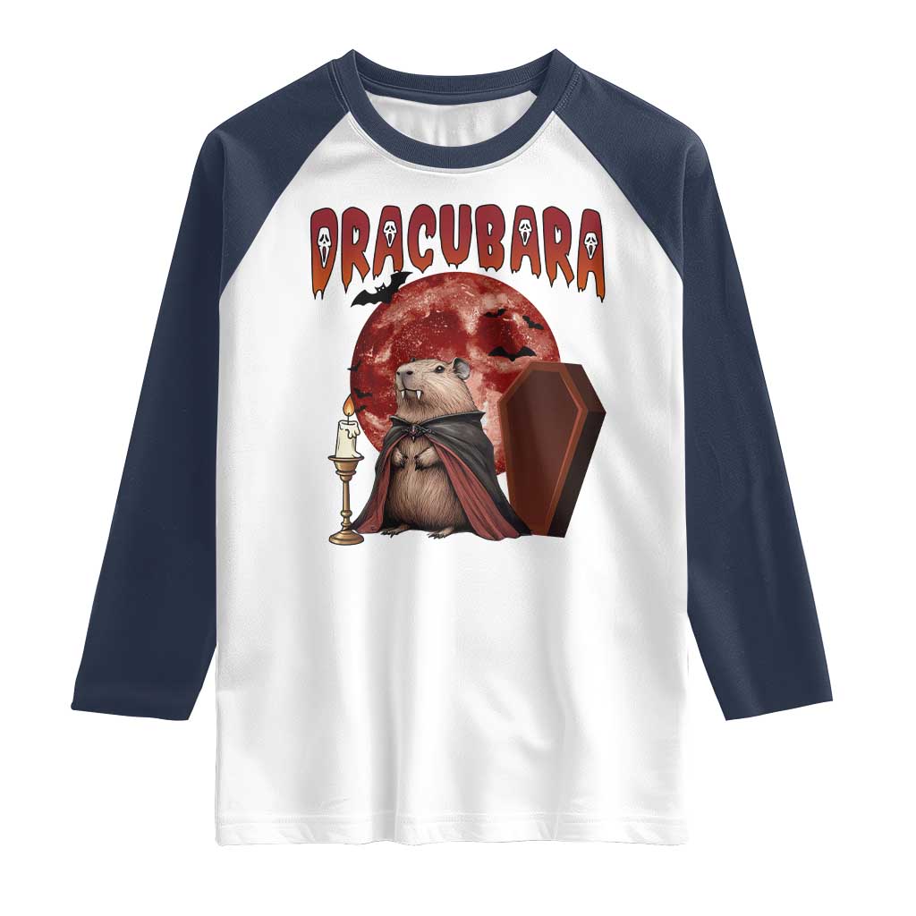 Halloween Capybara Raglan Shirt Funny Dracubara In Dracula Outfit TS12 White Navy Print Your Wear