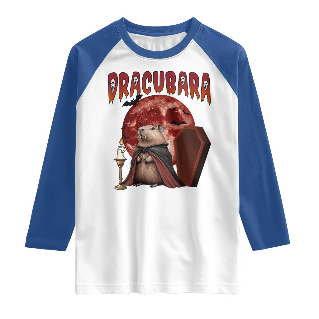 Halloween Capybara Raglan Shirt Funny Dracubara In Dracula Outfit TS12 White Royal Print Your Wear