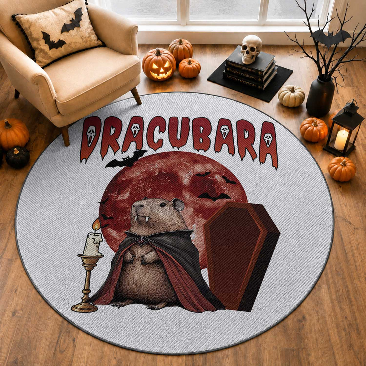Halloween Capybara Round Rug Funny Dracubara In Dracula Outfit