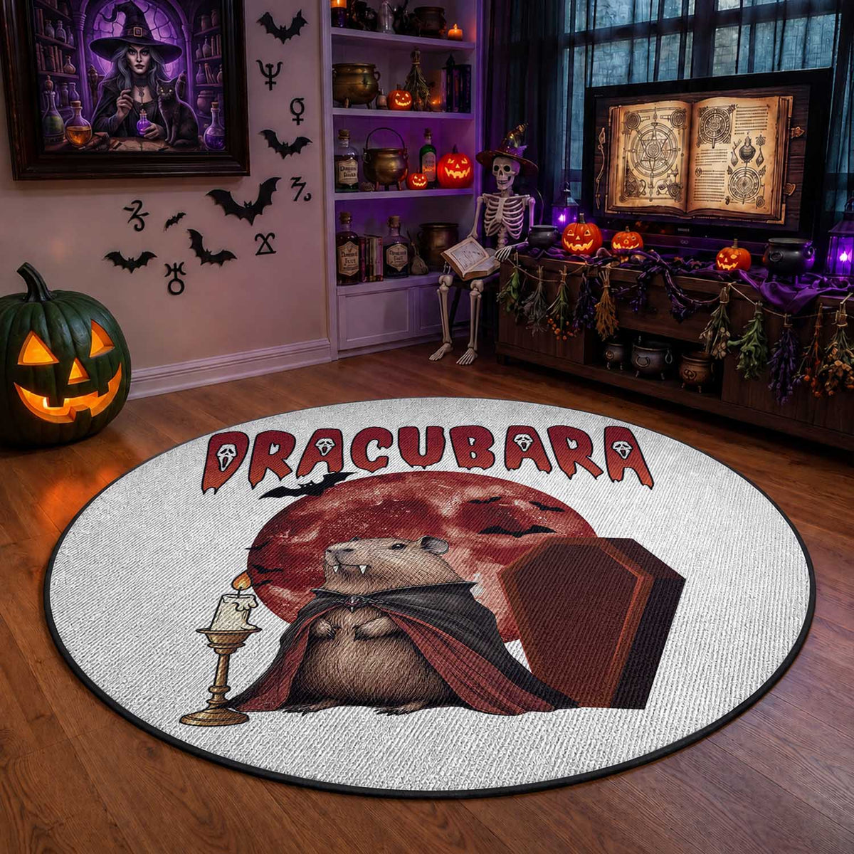 Halloween Capybara Round Rug Funny Dracubara In Dracula Outfit