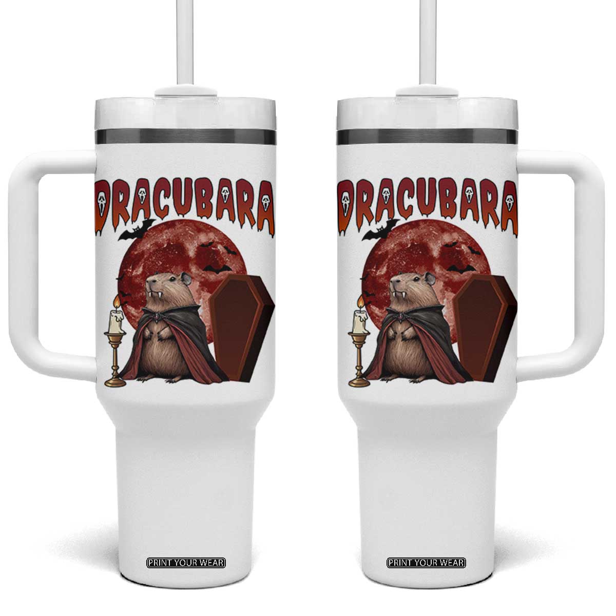 Halloween Capybara Tumbler With Handle Funny Dracubara In Dracula Outfit TS12 One Size: 40 oz White Print Your Wear